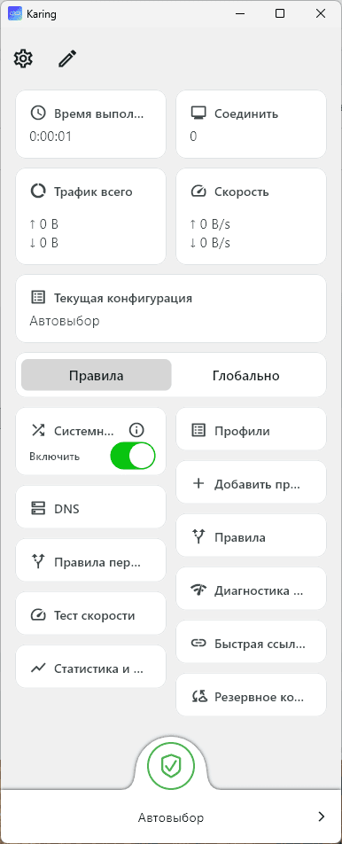 Включённое подключение Karing